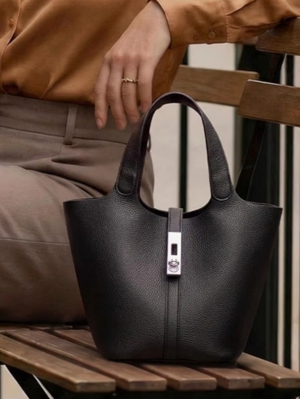 1 Left! Vegan Leather Bucket Top Handle Handbag with Insert Pouch